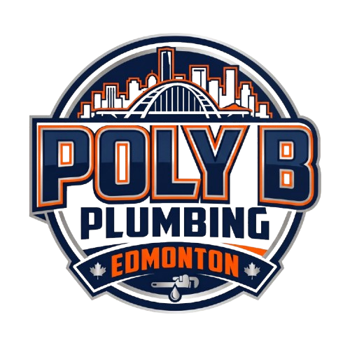 Poly B Plumbing Edmonton logo featuring Edmonton skyline, Poly B plumbing pipes, and navy blue and orange branding