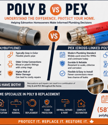 Poly B vs PEX comparison showing Poly B and PEX pipes, identification tips, and Poly B replacement services in Edmonton.