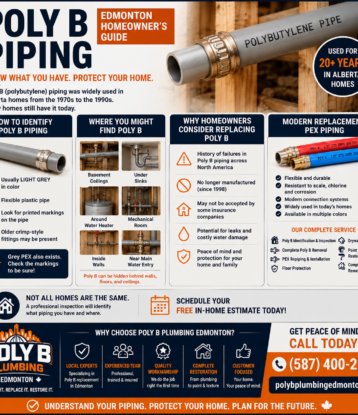 Poly B piping Edmonton homeowner guide showing how to identify Poly B, common locations, replacement options, and Poly B Plumbing Edmonton services.