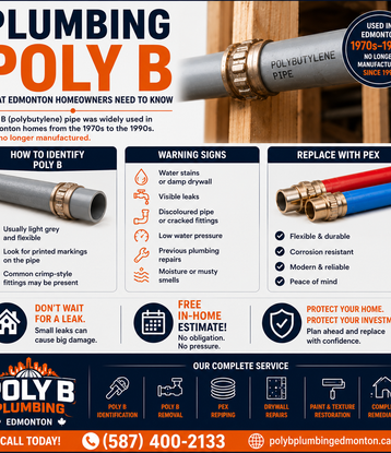 Poly B plumbing pipe and fittings inside an Edmonton home, illustrating a homeowner's guide to identifying Poly B, understanding potential risks, and considering replacement options.