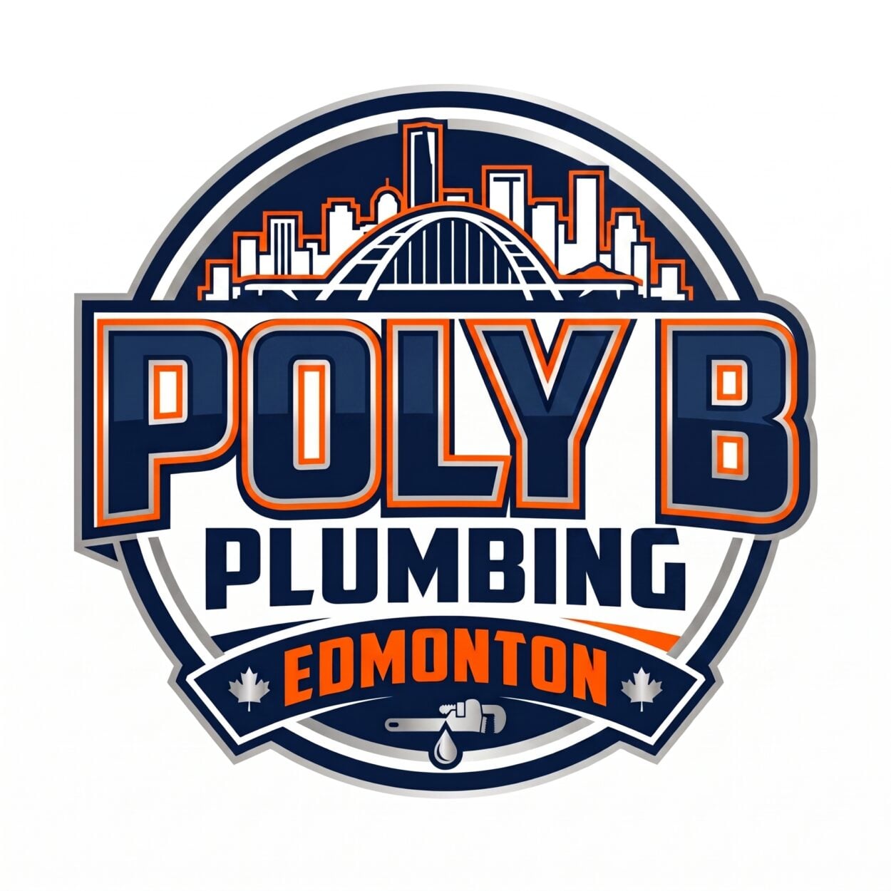 Poly B Plumbing Edmonton logo featuring Edmonton skyline, Poly B plumbing pipes, and navy blue and orange branding